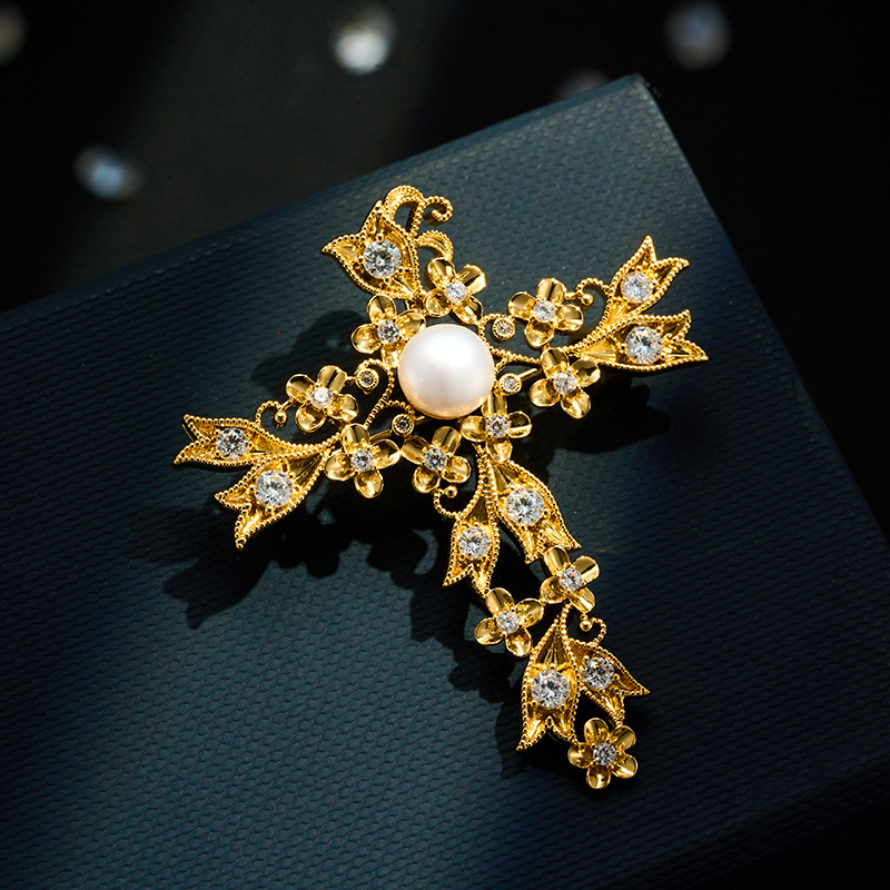 Luz de lujo premium senses filamentos broche cruzado aleación de cobre oro real electrochapado micro zirconitas perlas de agua dulce delicado pin