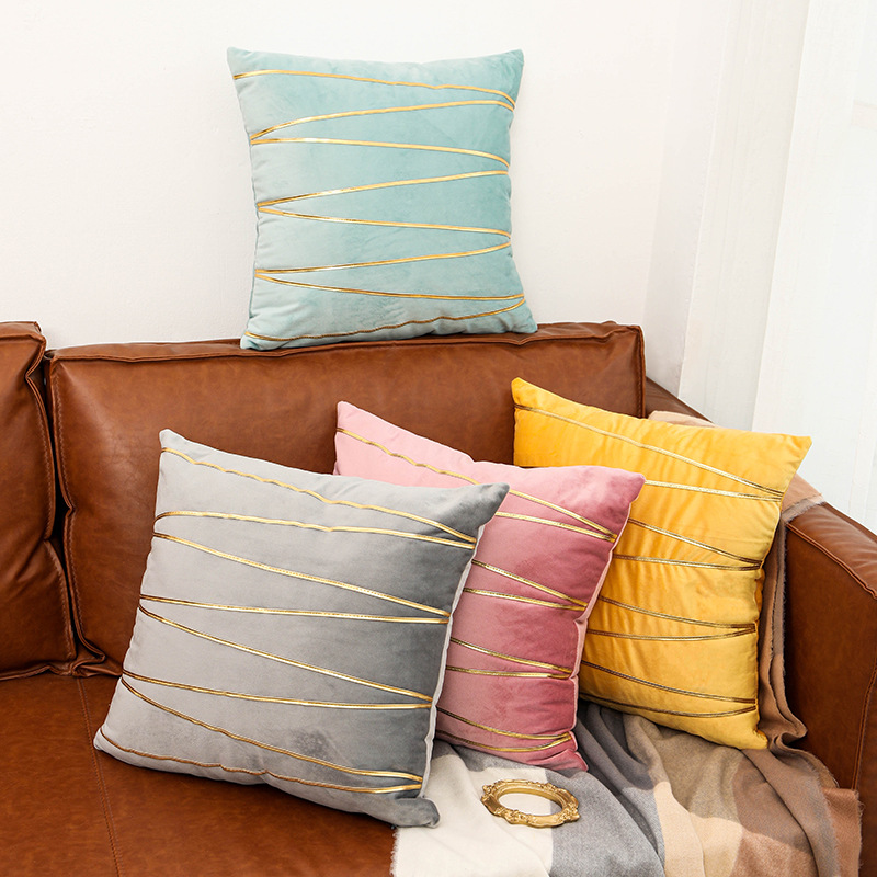 天鹅绒烫金抱枕套欧式古典沙发靠枕简约轻奢条纹图案靠垫办公腰枕