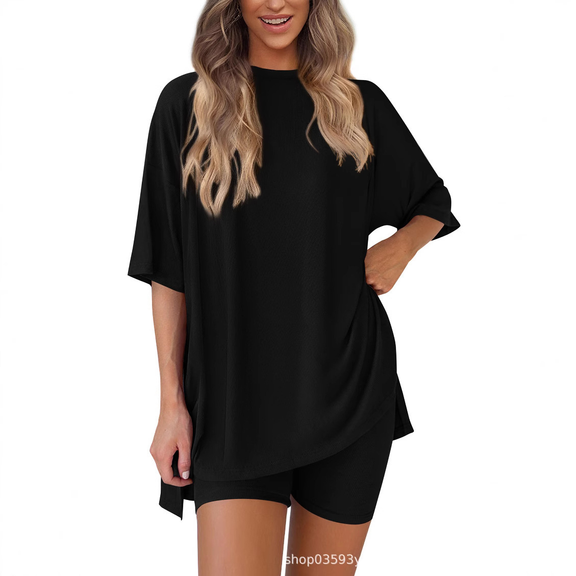A new loose and fashionable solid-color casual short-sleeved and short-shorts two-piece set for cross-border Amazon in Europe and America in Spring/Summer 2026 details Picture