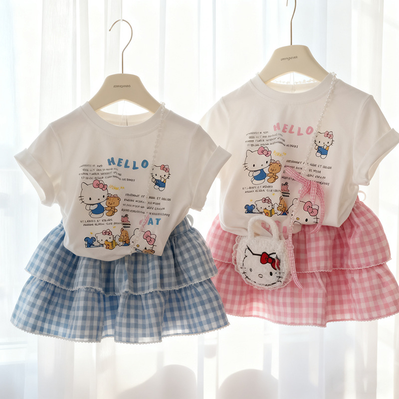 Summer girls' pure cotton short-sleeved T-shirt + skirt two-piece set, children's dress pants sweet two-piece set, baby details Picture