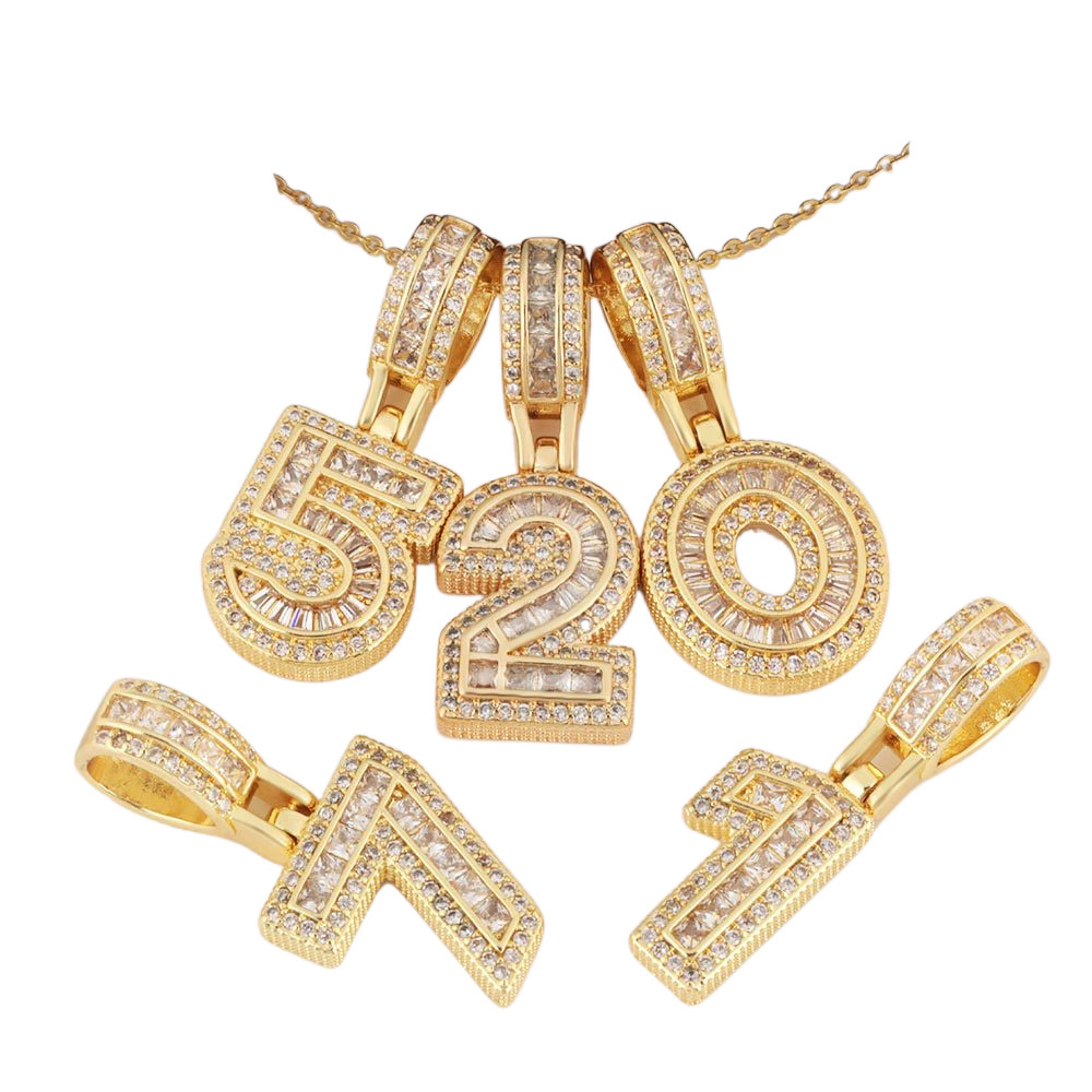 DIY European and American hip-hop accessories, copper pendant with numbers 0-9, couple's birthday gift, copper inlaid zircon necklace Item Picture
