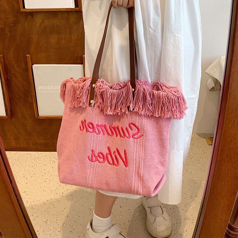 Cross-border canvas bag, printed canvas bag, large-capacity canvas tote bag, women's single-shoulder bag, new beach bag, tassel embroidery women's bag, crossbody backpack, hand-held single-shoulder tote bag, canvas bag details Picture