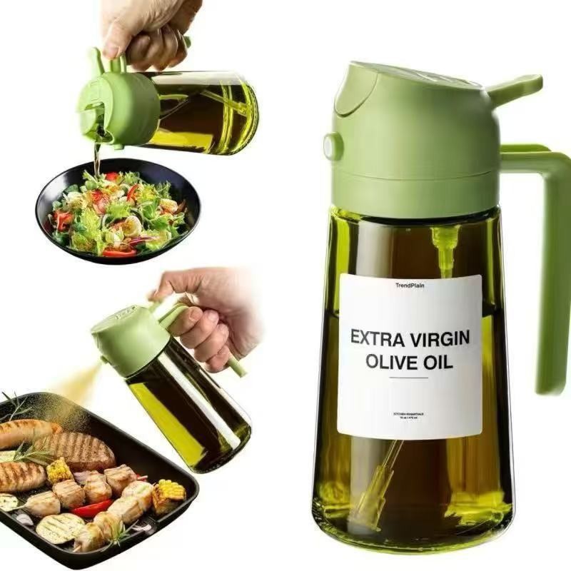 The oil spray bottle can be used for both spraying and pouring. It is a dual-purpose atomized kitchen household glass leak-proof and oil-proof bottle for soy sauce and vinegar seasonings Application Scenario