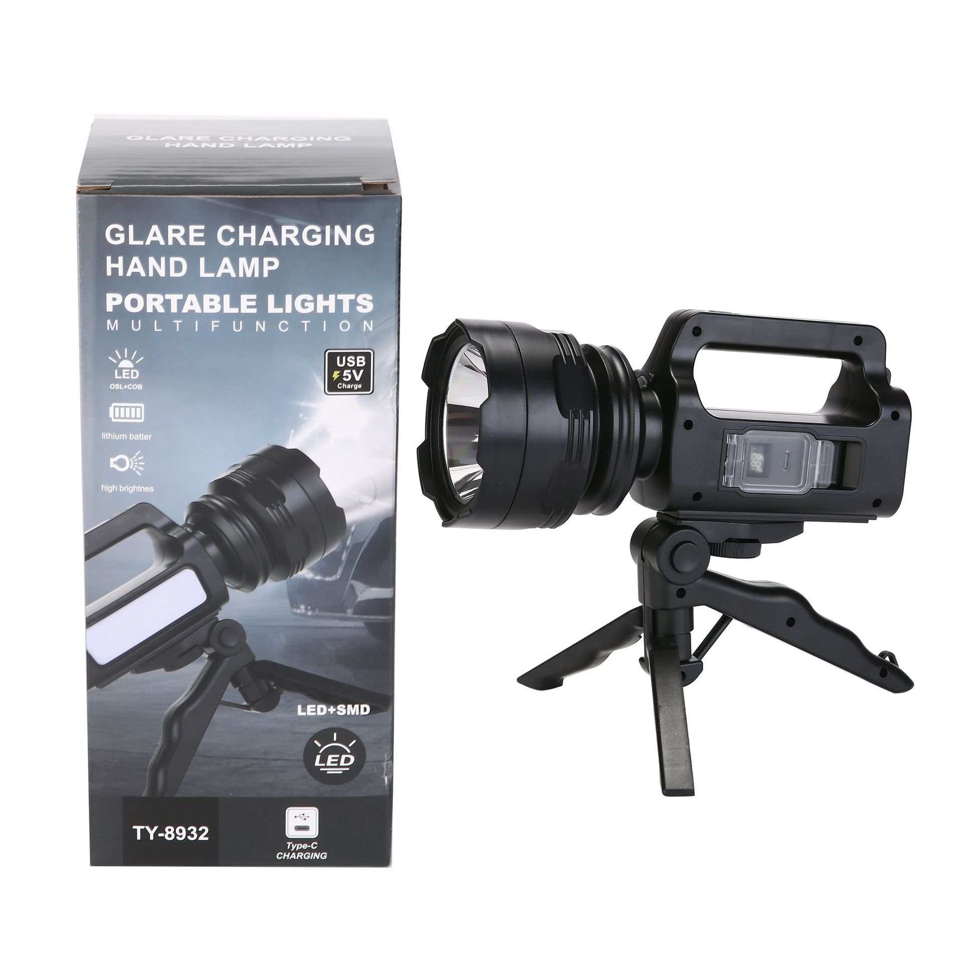 TY-8932跨境新款强光探照灯户外多功能照明LED远射防水充电手提灯白底实物图
