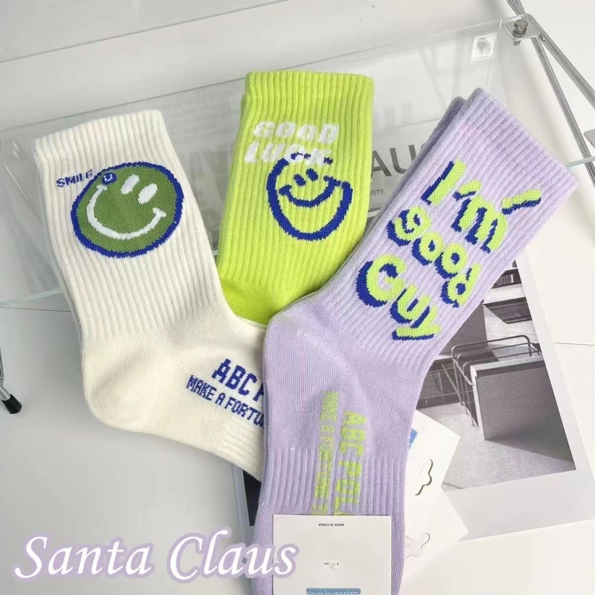 Spring and autumn socks, smiling face three-dimensional fluorescent green ins trendy long socks, men's and women's colorful versatile school mid-calf socks