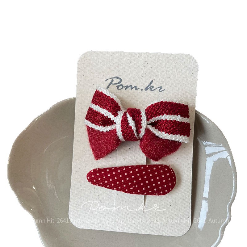 New Korean autumn and winter red sweet bow hair clip, children's handcrafted fabric side hair break-off clip for girls, Pom.kr red hair clip set, bow check polka dot autumn and winter retro sweet girl Item Picture