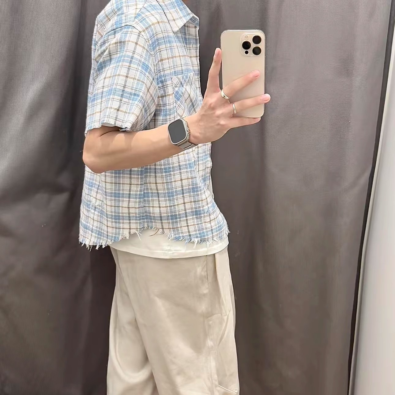 vintage, frosted fringed bamboo joint checkered blue long-sleeved shirt, men's loose and versatile casual shirt jacket Specification image
