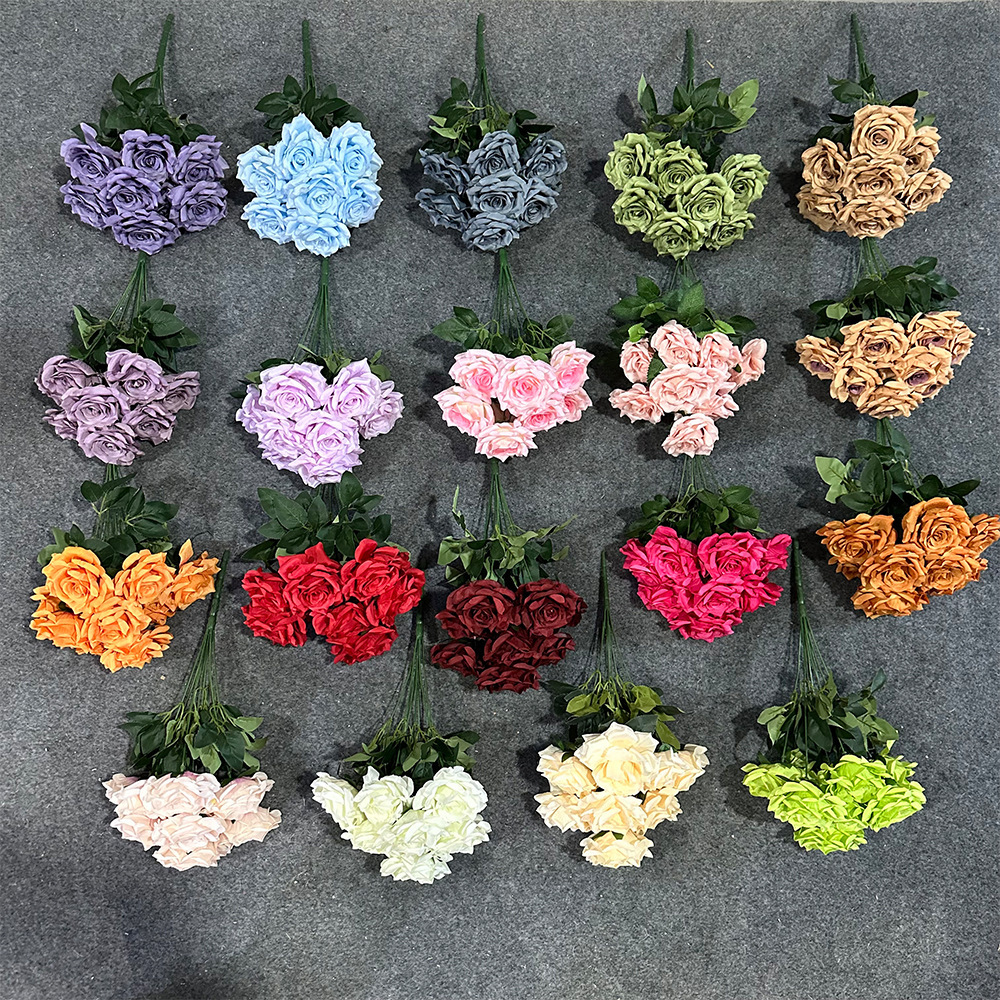 仿真9头钻石玫瑰假花束人造绢花婚庆地排花塑料花高级感婚礼布置产品图