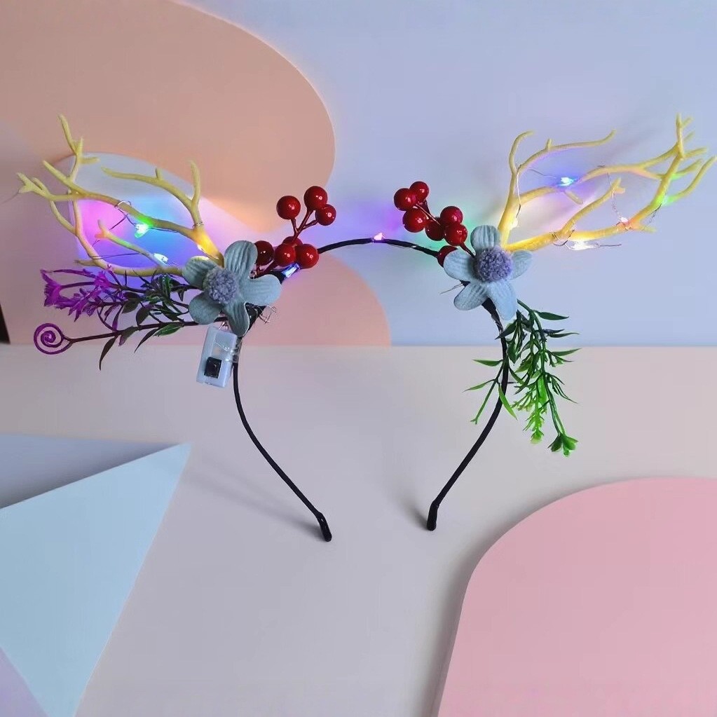 The new Christmas flower and antler hairband, the popular winter deer glow headwear, Christmas accessories, hairpins and hair accessories are selling well details Picture