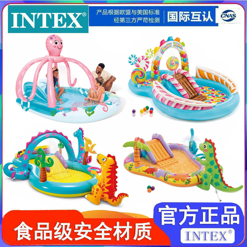 INTEX原装儿童充气戏水池夏季玩水喷水滑梯水池卡通造型水池批发
