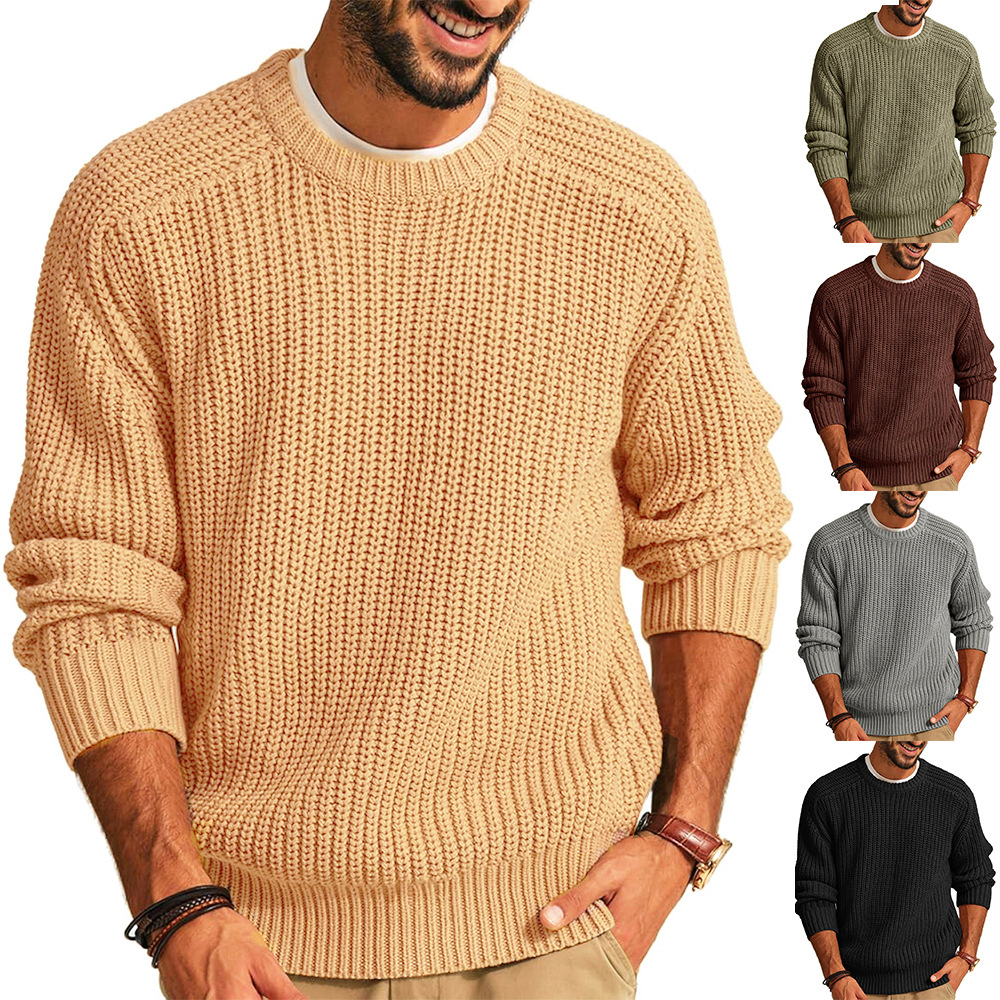 New men's solid-color long-sleeved round-neck fashionable sweater and loose American retro knitted sweater from Amazon cross-border in Europe and America full figure