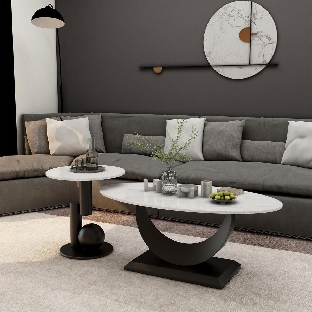 A light luxury modern glossy rock plate oval coffee table and side table combination for a small-sized living room, featuring a simple and elegant home style details Picture