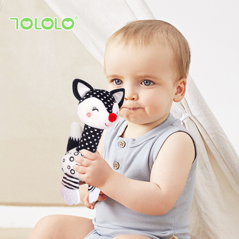 Happy monkey Infant and Toddler Black and White hand-held rattle, baby visual training early education toy teething, edible details Picture