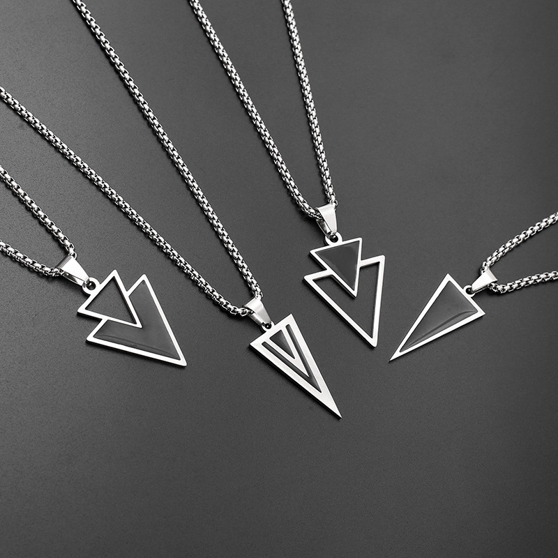 European and American stainless steel triangular geometric blackening oil pendant, silver necklace, cross-border jewelry wholesale accessories details Picture