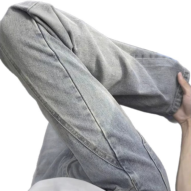 Retro blue diagonal flared jeans for men, autumn American high street vibe pants, cleanfit straight-leg curved knife pants Item Picture