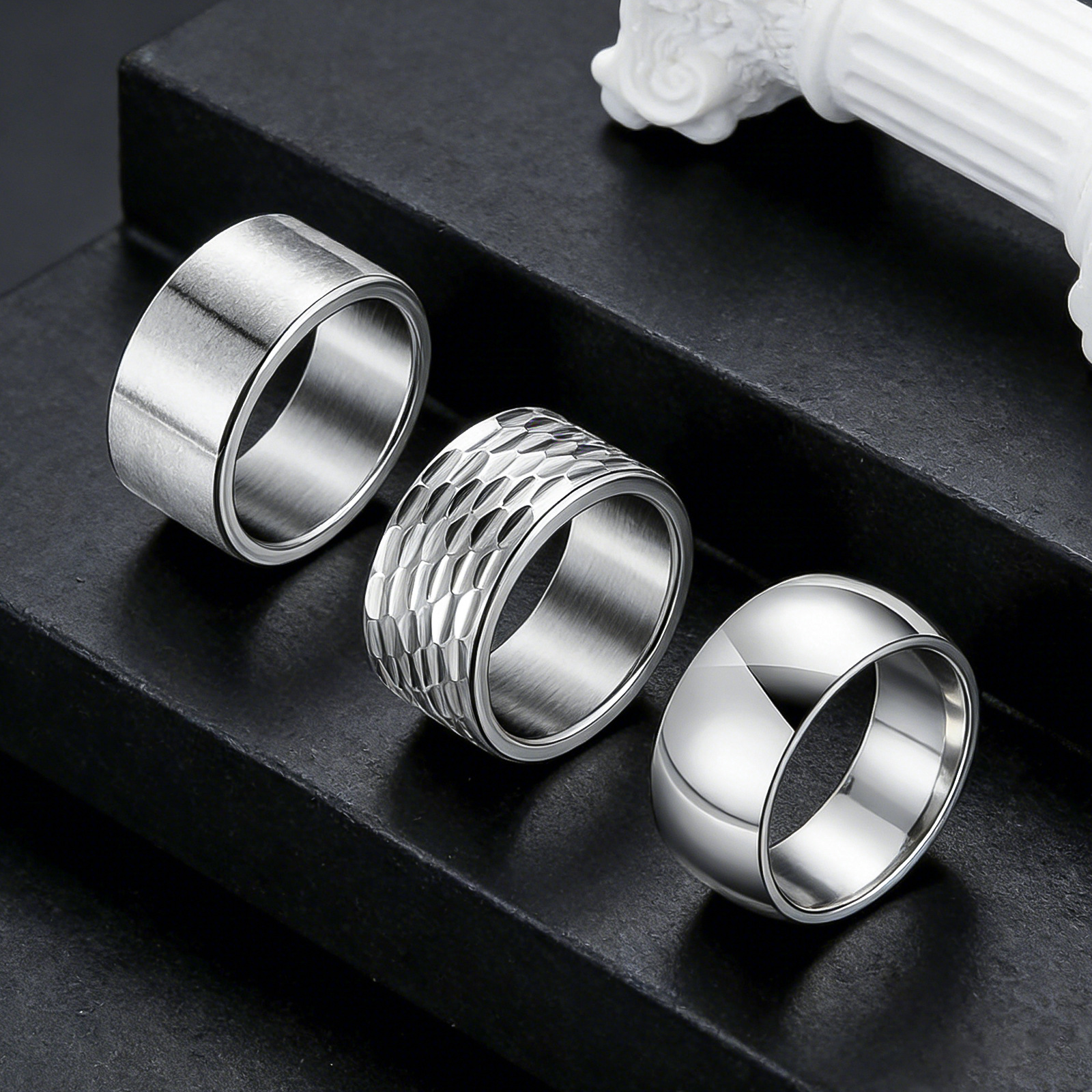 Amazon europa y Estados Unidos clásico accesorios hombres tres piezas conjunto de 12MM de ancho 304 acero inoxidable gran anillo anillo de tatuaje martillo details Picture