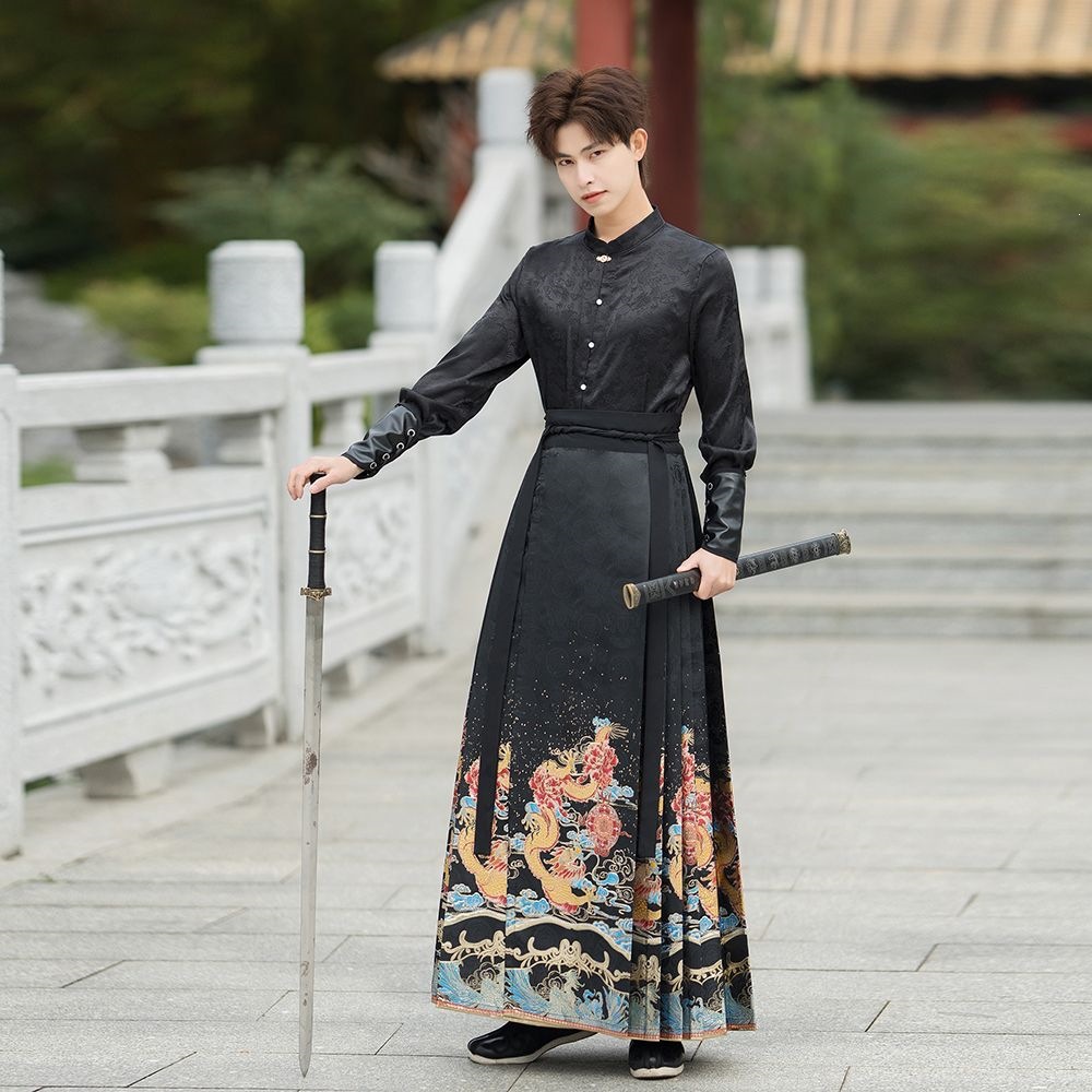 A large-sized traditional Hanfu men's adult student class uniform with a Chinese trend and ancient style, featuring a brocade horse face skirt set Application Scenario