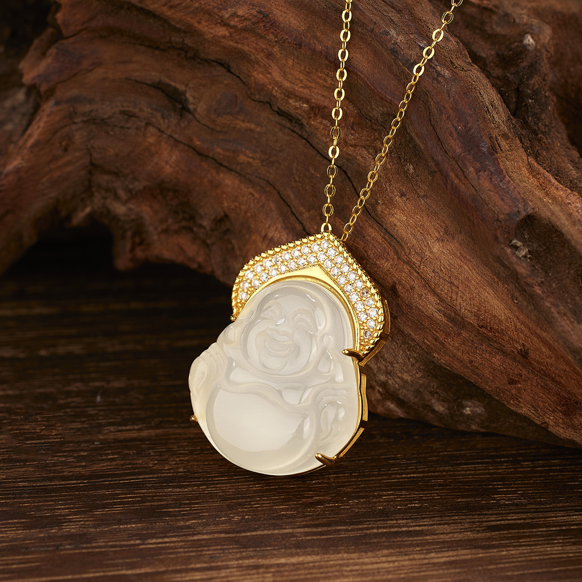 S925 Silver Buddha God Gold Medal Necklace with diamond-encrusted white ice chalcedard, large-bellied Buddha Necklace, Maitreya Buddha Pendant, New Chinese-style jewelry for women Specification image