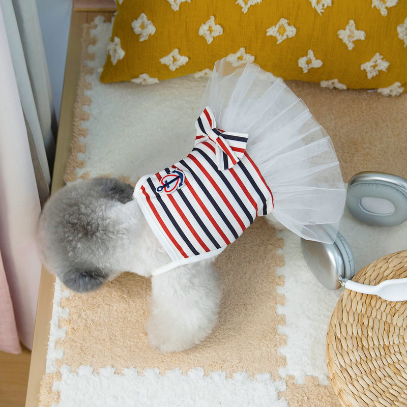 Two striped navy style dresses for pet clothing. Pet cat and dog clothes. Pet dog clothes. Pet clothing. Pet clothing. Fashionable and cute Specification image