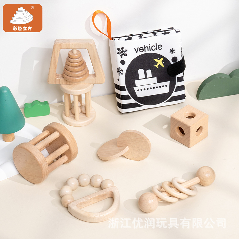 跨境木质摇铃宝宝布书黑白数字认知撕不烂早教书0-3岁婴儿玩具