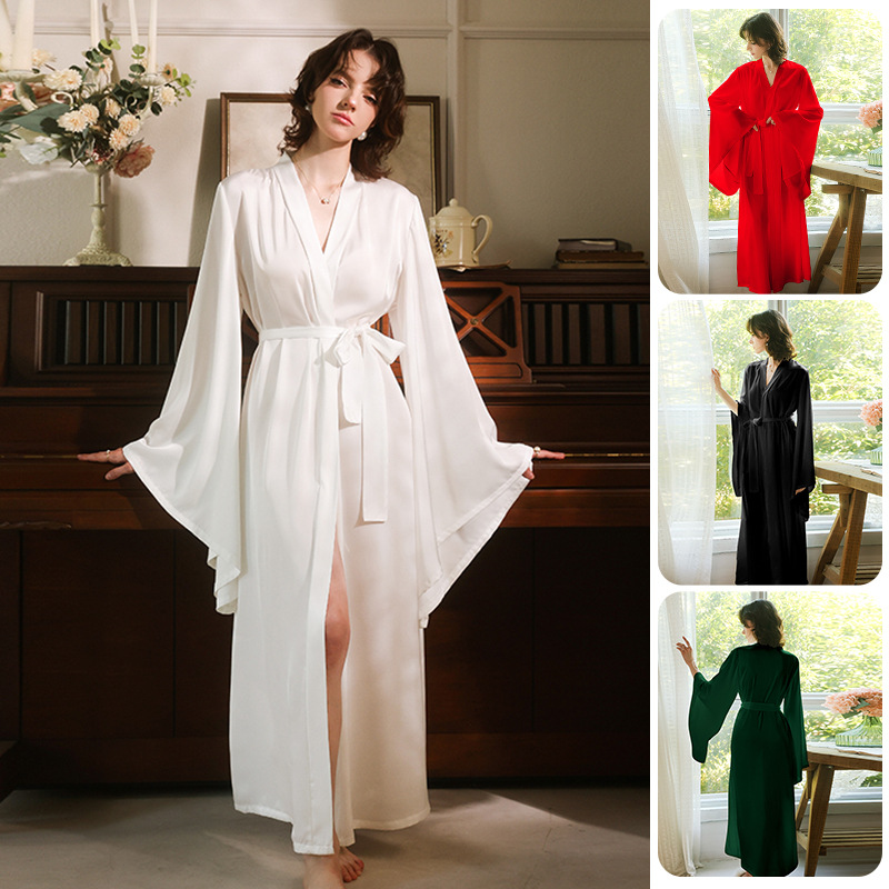 Feiyun satin long lace-up sexy bathrobe for women, multi-color flared sleeves, light luxury bridal morning gown and home wear 1103 full figure