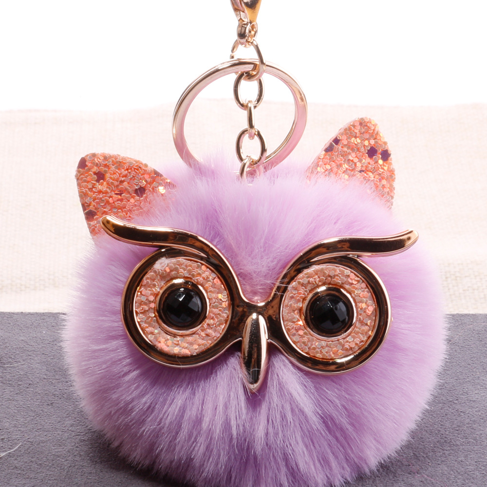 New large-eyed owl fur ball keychain pendant, imitation rex rabbit fur women's luggage and car hanging decoration wholesale details Picture