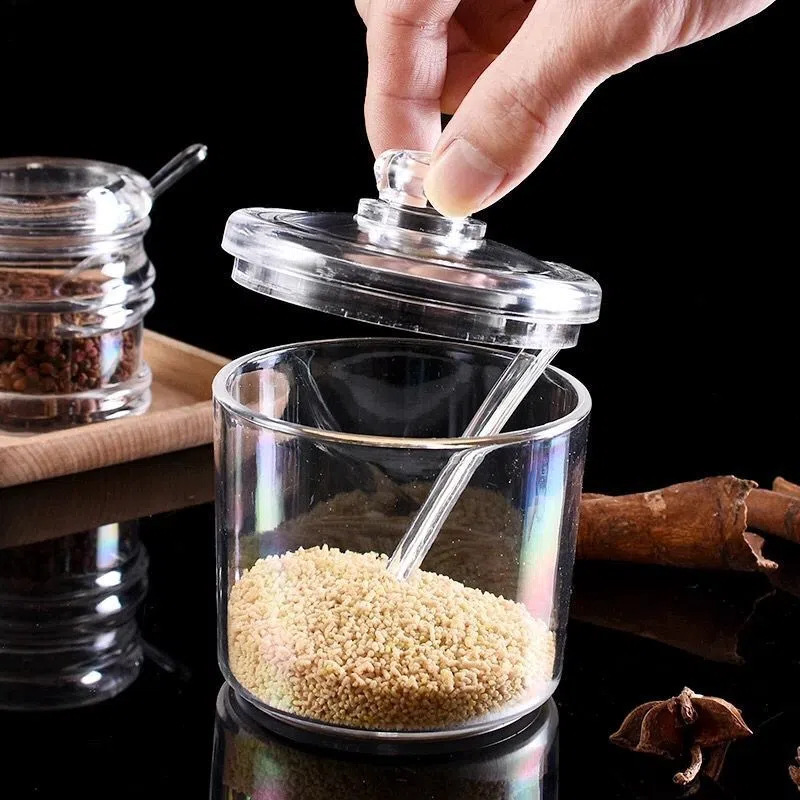 Acrylic seasoning jar with spoon, household kitchenware, chili jar, transparent visible sugar bowl, restaurant condiment and seasoning bottle Specification image