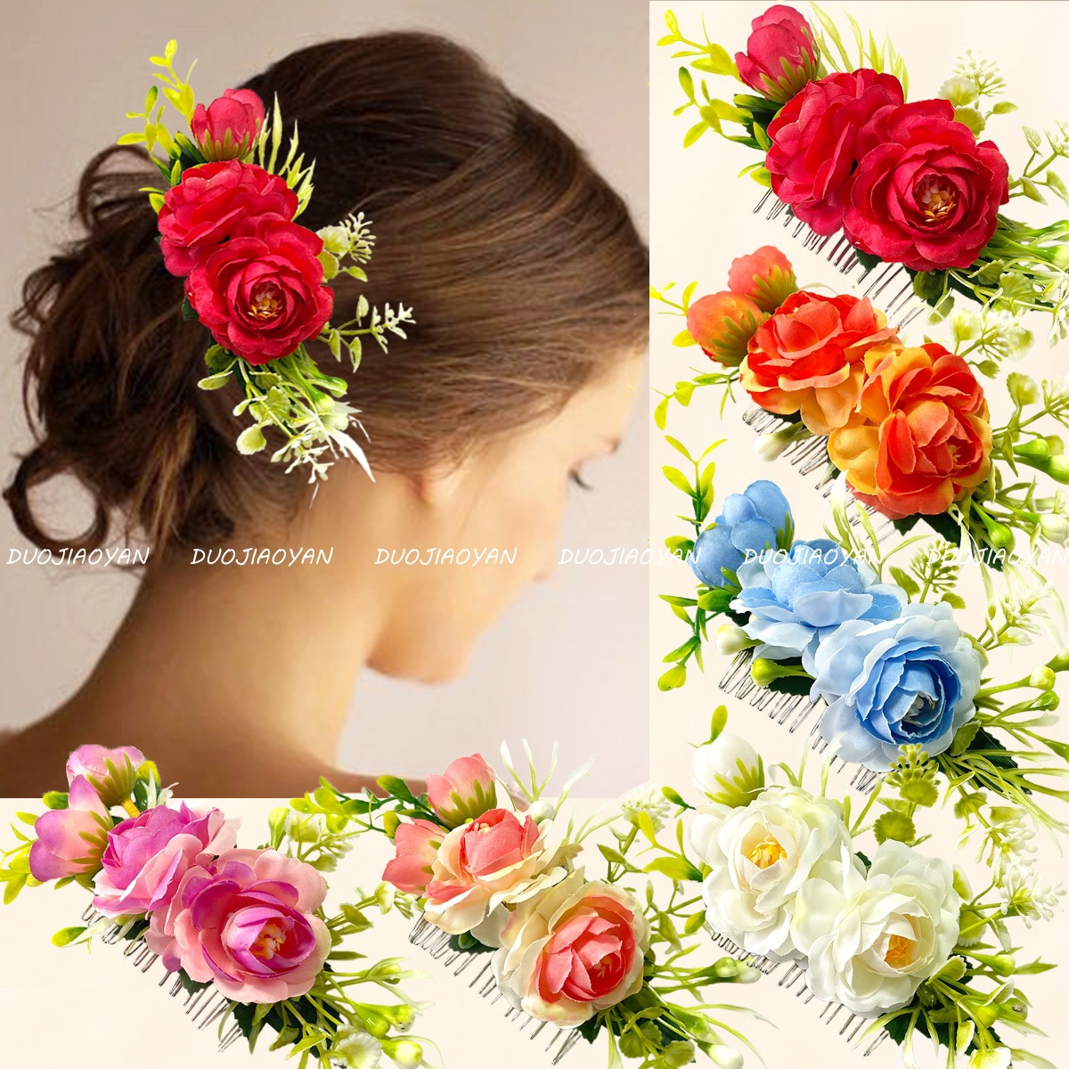 European and American rose hair combs, colorful and realistic rose headwear, bride's wedding hair accessories, party and ball flower headwear full figure