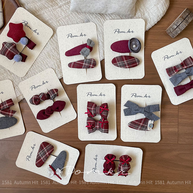 Korean autumn and winter retro hair clips, checkered wine red and gray color tweed hair clips, bangs clips, side clips, children's headwear, Pom.kr red and gray checkered hair accessories: exquisite bow decoration, retro gentle style, rare in autumn and winter details Picture