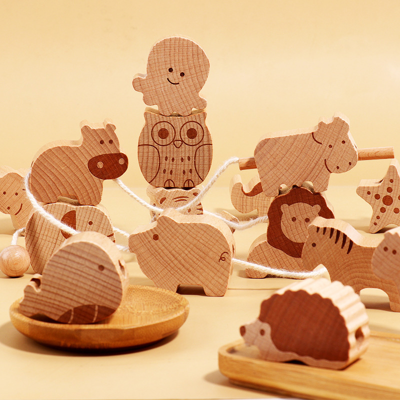 儿童动物串珠榉木木制穿绳宝宝认知早教木质积木穿线玩具批发
