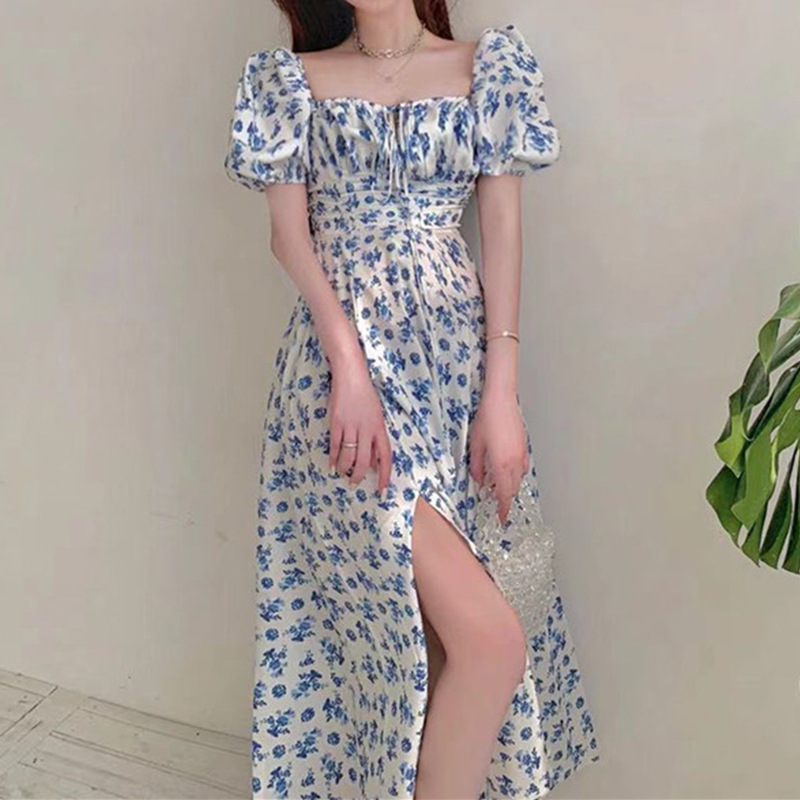 Blue floral print dress for women's summer long slit dress, elegant design sense, collarbone one-shoulder tea break French dress Specification drawing