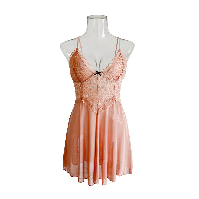 Feiyun's new erotic lingerie, sexy mesh see-through pajamas, lace embroidered halter nightgowns, women's home wear 540 Item Picture