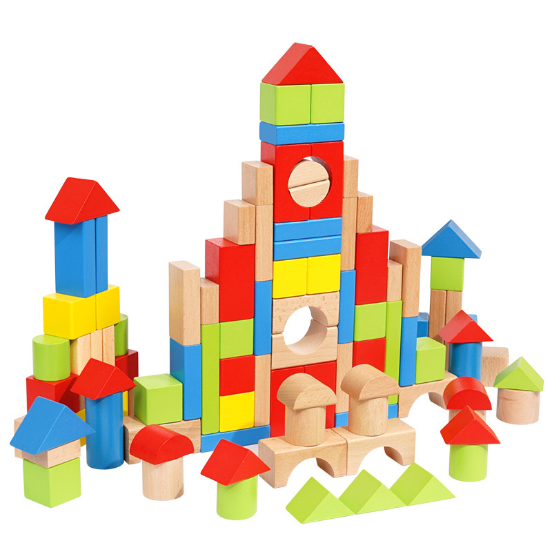 儿童实木大颗粒拼装积木宝宝形状认知益智力搭建构建早教木质玩具