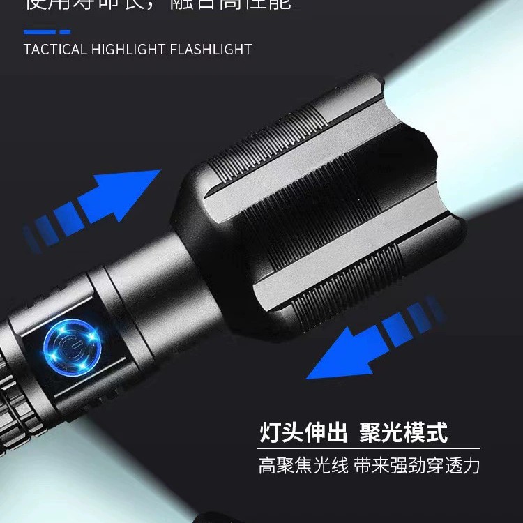 Cross-border high-intensity flashlight, quad-core telescopic zoom, battery level display, USB charging, outdoor long-range waterproof flashlight details Picture
