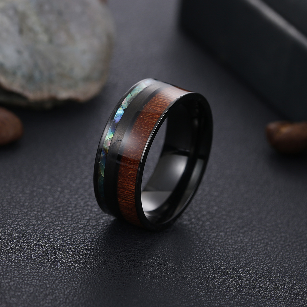 Cross-border best-selling 9MM wide acacia wood and abalone shell men's titanium steel ring, standard US size jewelry wholesale Application Scenario