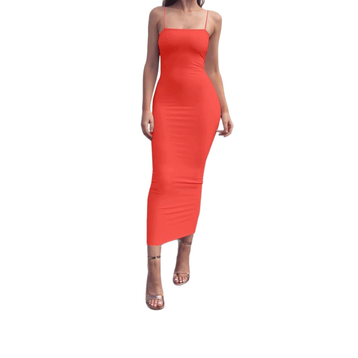 现货欧美新款女装性感吊带气质长裙露背修身连衣裙夏季裙子白底实物图