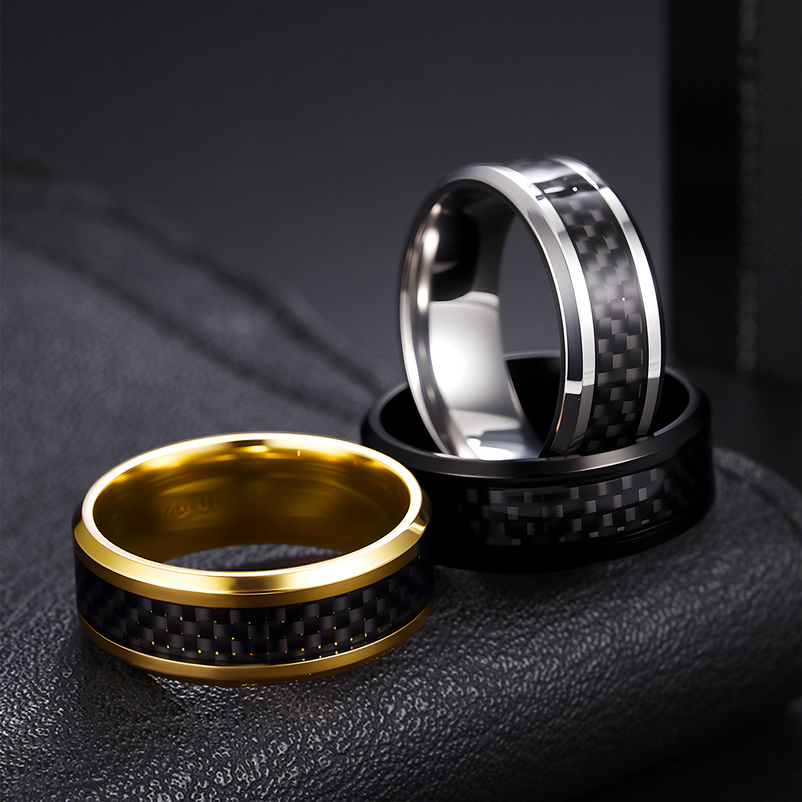 Cross-border rings, Yiwu Shouman Accessories wholesale, stainless steel men's carbon fiber rings, one-piece consignment Specification image