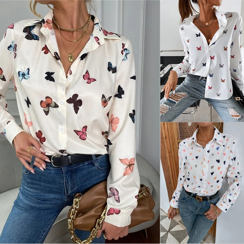 European and American AliExpress women's top, fashionable printed long-sleeved shirt, butterfly printed lapel shirt for women full figure