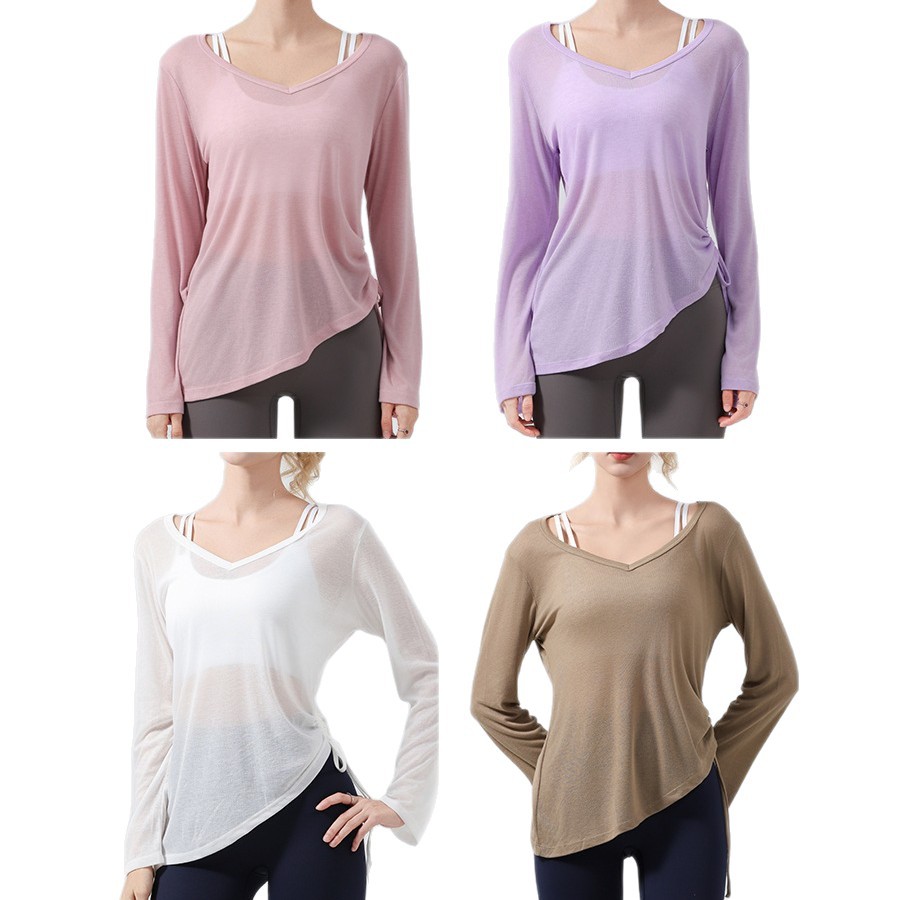 Flared sleeve sun protection smock, long-sleeved hip-covering women's pleated drawstring T-shirt, loose casual fitness short-sleeved yoga wear Item Picture