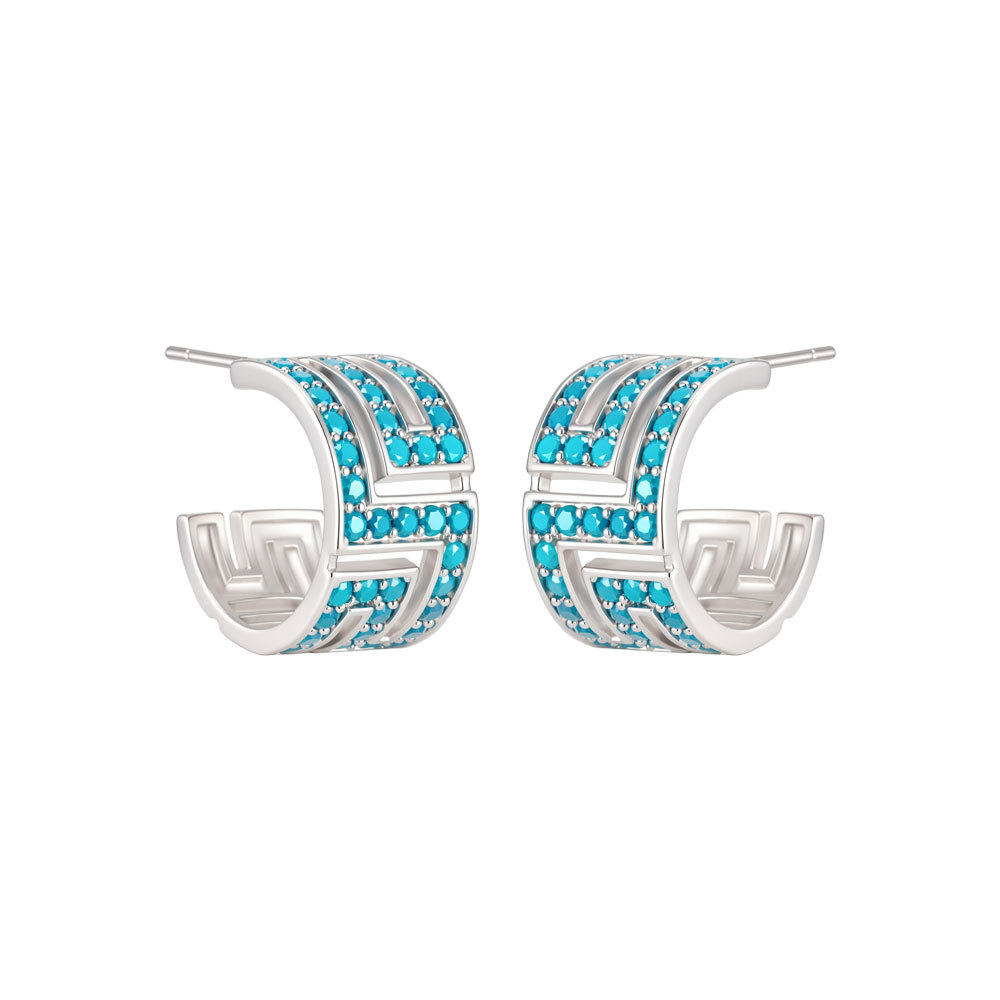 New Chinese-style retro half-circle earrings made of copper alloy with micro-inlaid blue pine zirconium s925 silver needle, exuding a light luxury and high-end feel Item Picture