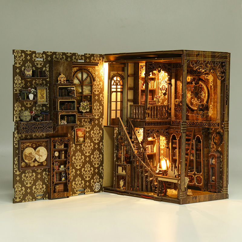 Ancient book storage room, wooden bookstand, 3D assembly diy model small room, book ornaments, handcrafted little house Item Picture