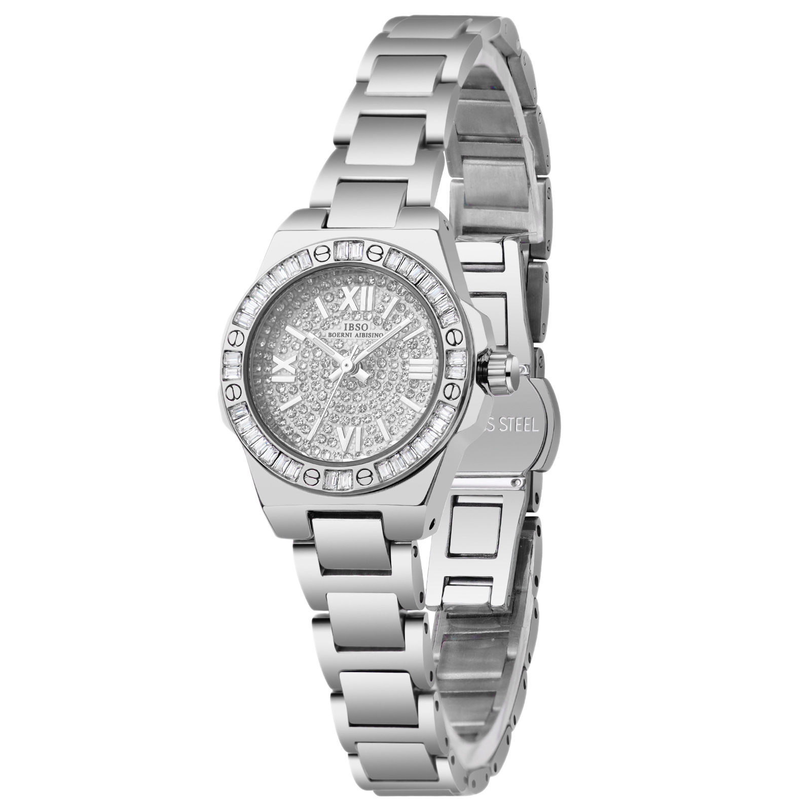 The new IBSO women's quartz watch with a steel band and diamond setting, a fashionable wristwatch, rose gold water-resistant small dial, is a cross-border bestseller Item Picture