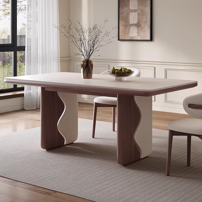 Star Factory wholesals cream wind tunnel stone rock plate dining table and chair sets, French retro solid wood dining tables, rectangular household dining tables Item Picture