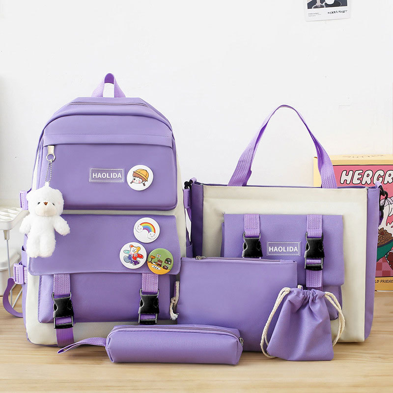 Wholesale of four-piece backpacks, large-capacity five-piece backpacks with LOGO printing, Korean version Harajuku style set, student schoolbags Specification image