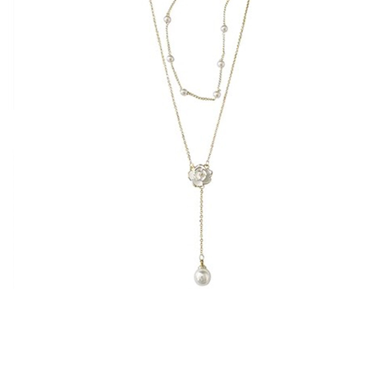 Light luxury and niche design sense double-tassel pearl necklace, women's super fairy-like camellia collarbone chain, wholesale Item Picture