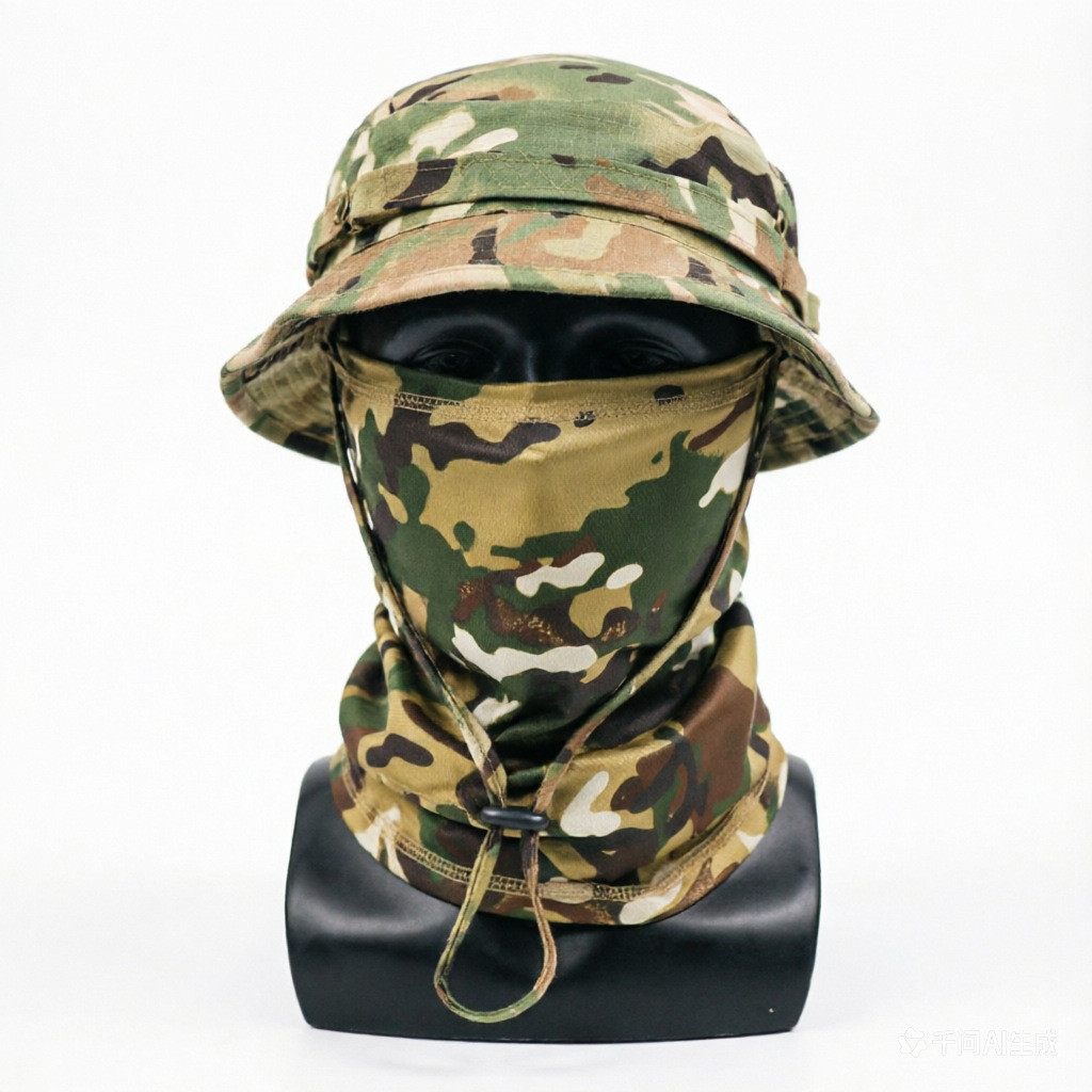 跨境货源二代战术迷彩奔尼帽面罩套装防晒遮阳圆边帽短檐渔夫帽