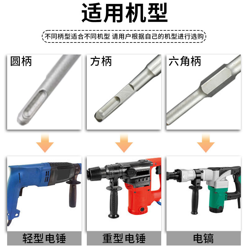 Electric hammer chisel, spring steel, high-hardness electric pick, round handle, square handle, hexagonal pointed, flat concrete slotting shovel, impact drill bit Specification drawing