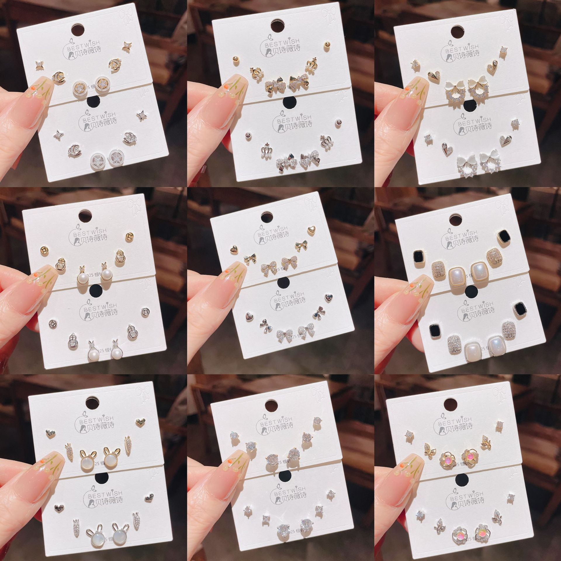 高品质感s925银针锆石6件套装小耳钉 女韩版简约气质三对耳钉批发