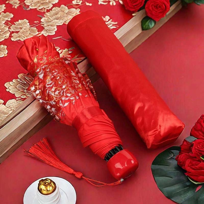 国潮结婚红伞大红色三折雨伞喜庆花边新娘伞中式复古婚礼婚庆折叠雨伞