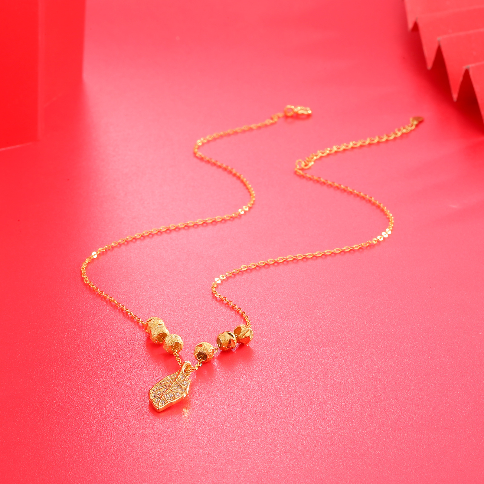 S925 sterling silver slightly inlaid with diamonds, Golden branch and jade leaf pendant necklace, a niche, light luxury and high-end look for women, wholesale from the manufacturer details Picture